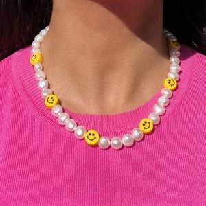 Y2K Necklace ~ Natural freshwater pearls and smile beads - Gold plated clasp
